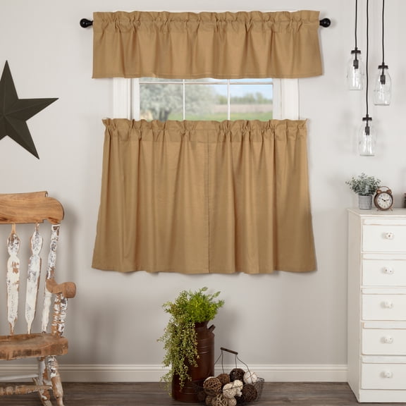 VHC Brands Simple Life Flax Khaki 3 PC Curtain Set (1 Valance 16x72 and 2 Tier 36x36)