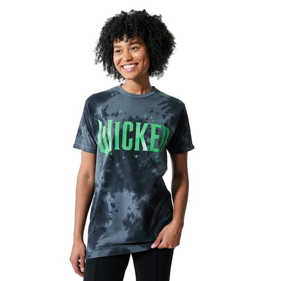 Wicked Green Glitter Print Movie Logo Black Cloud Wash Crew Neck Short Sleeve T-shirt-Medium