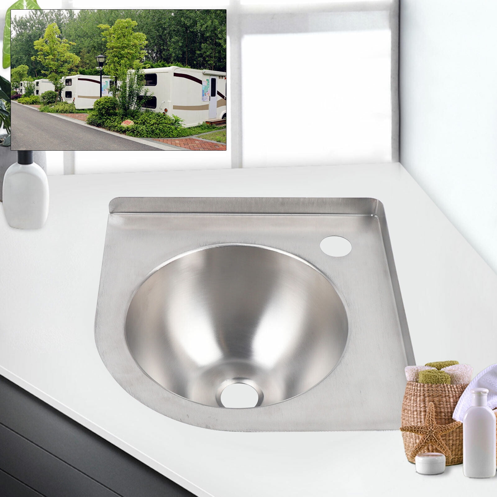 Bathroom RV Corner Basin Sinks, Boat Caravan RV Triangular Stainless Steel Sink with Down Pipe for RV Caravan Camper Boating Kitchen Washing Sink