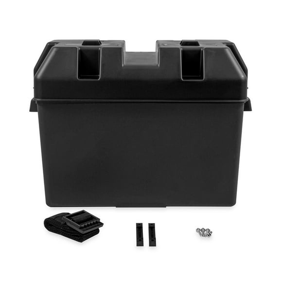 Camco Battery Box 55372 Fits Group 27 30 and 31 Batteries; Includes Tie Down Strap/Securing Brackets/Hardware; Black; Polypropylene; With Battery Hold-Down/Battery Lid/Battery Foot Clamps and Screws