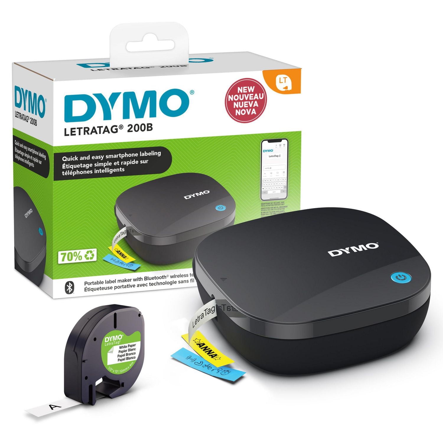 DYMO LetraTag 200B Bluetooth Label Maker, Compact Label Printer, Connects Through Bluetooth Wireless Technology to iOS and Android, Includes 1 White Paper Label Tape