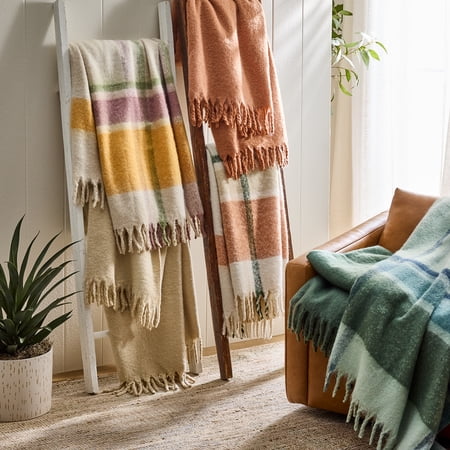 Better Homes & Gardens Faux Mohair Cozy Couch Throw Blanket Beige Plaid, 50x72"