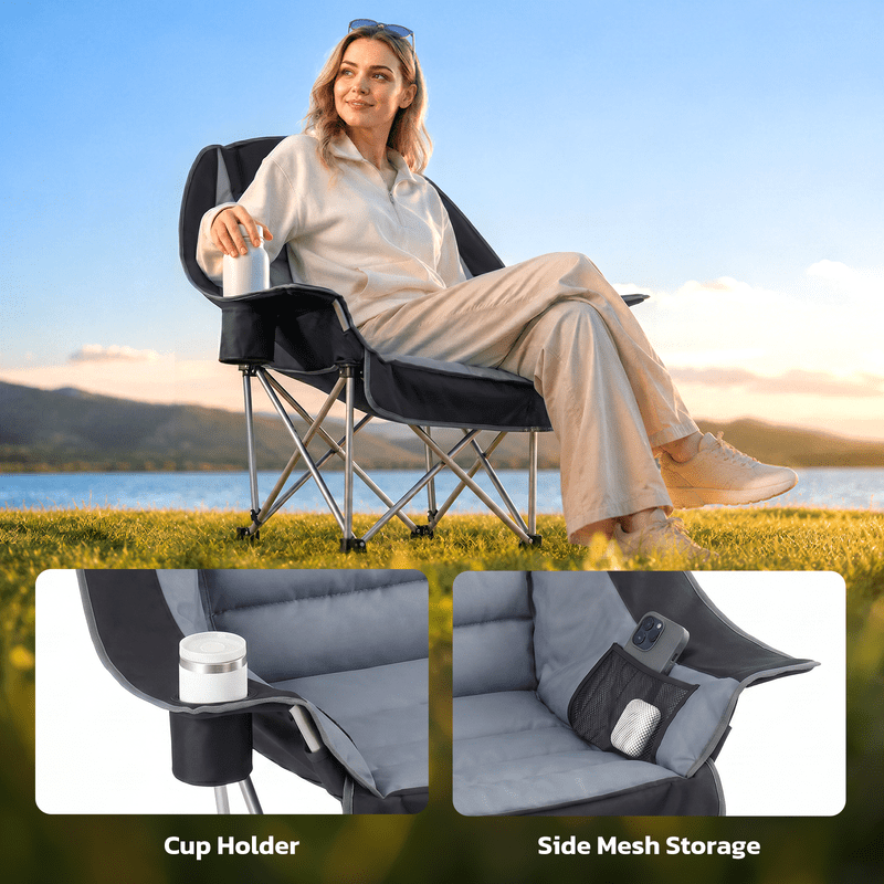 Simple Deluxe Extra Oversized Outdoor Foldable Camping Chair, with Cup Holder and Carrying Bag, Camping Chair with 500lbs Capacity and Sturdy Material, Suitable for Beaches, Hiking and Camping, Gray