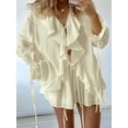 thumbnail image 4 of Two Piece Sets for Women Long Sleeve Peplum Lace Trim Chiffon Shirt Wide Leg Short Pants Vacation Travel Outfits Beige M, 4 of 8