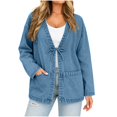 thumbnail image 2 of Cmtiyu Denim Jacket for Women, Long Sleeve Drawstring V Neck Open Front Washed Denim Jackets, Casual Loose Fit Outerwear Jacket with Pockets, S-3XL, 2 of 8