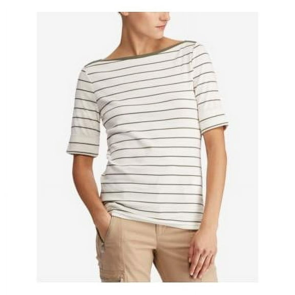 Ralph Lauren MASCARPONE CREAM Womens Elbow-Sleeve Striped Tee, US Large