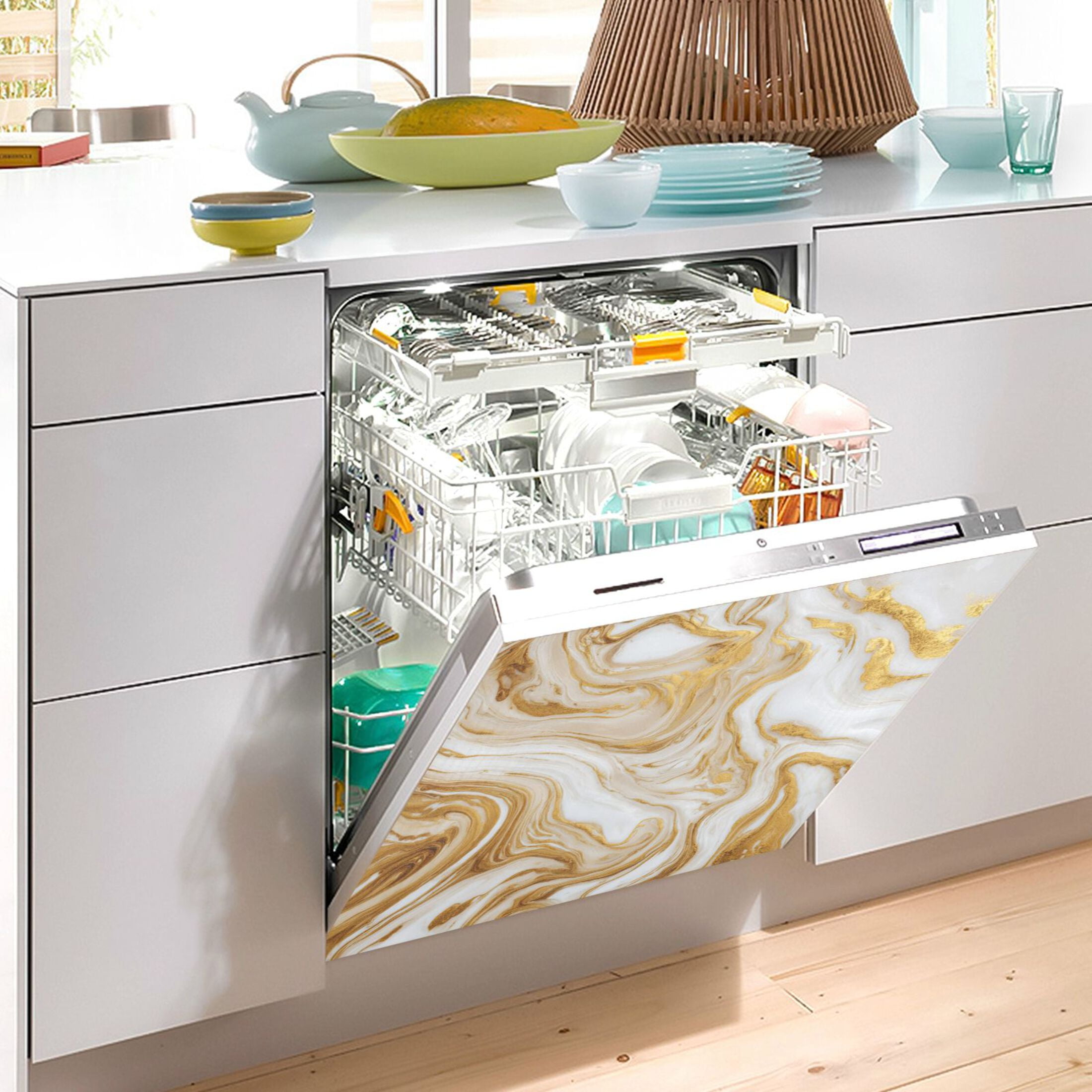 Dishwasher Magnetic Refrigerator Magnet Cover Sticker Home Decorative 23"x26" Golden Curved Marble