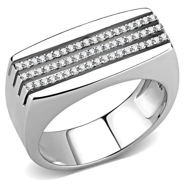 Alamode DA279-10 Men High Polished Stainless Steel Ring with AAA Grade CZ in Clear - Size 10