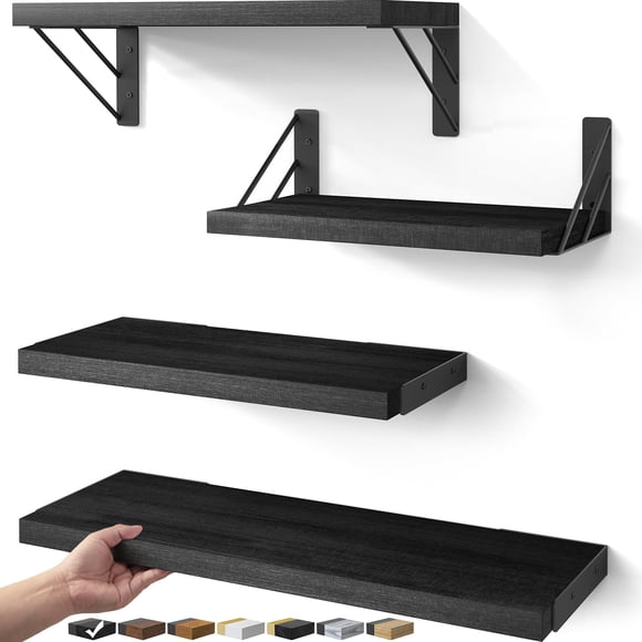 Estantes de pared BAYKA flotantes de madera rústica para dormitorio, juego de 4