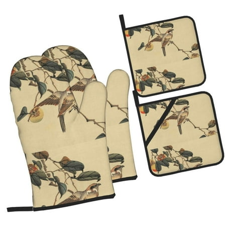 

Pofeuu Vintage Bird Print Oven Mitts and Pot Holders 4 pcs Set High Heat Resistant 500 Degree Extra Thicken Long Kitchen Cotton Oven Glove for Cooking