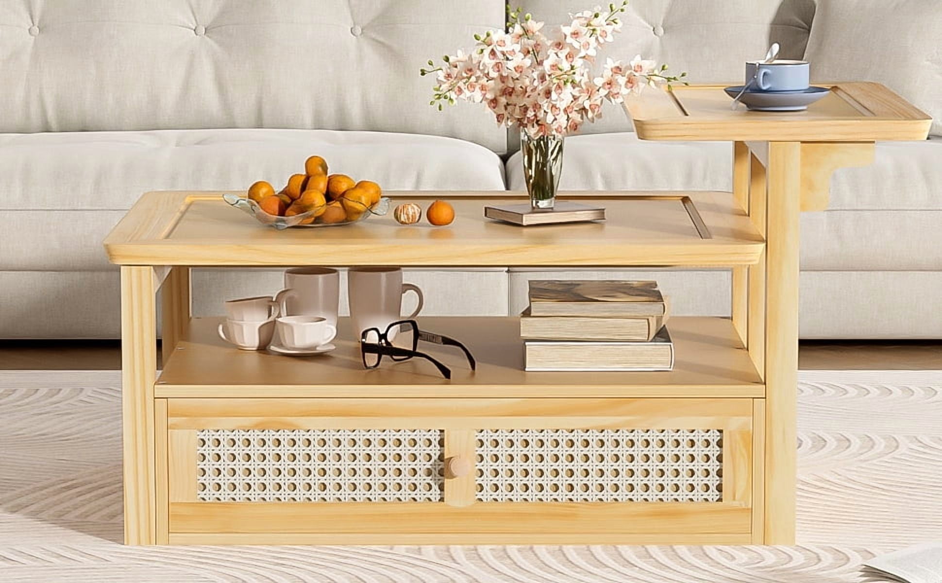 Euroco Multifunctional Coffee Table Set with Nested Design, Rattan Drawer, Pine Wood Legs – Stylish Storage and Dual Tabletops for Living Room