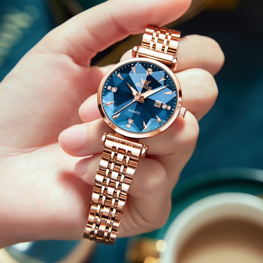 OLEVS Women Watch Fashion Rose Gold Diamond Analog Quartz Female Watch for Women Luxury Dress Ladies Stainless Steel Luminous Waterproof Date Wrist Watches Blue Dial