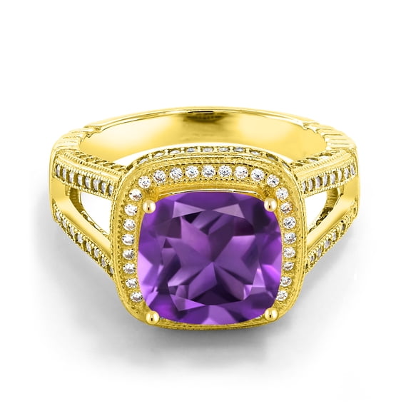 Gem Stone King 4.87 Ct Cushion Purple Amethyst 18K Yellow Gold Plated Silver Ring (Size 7)