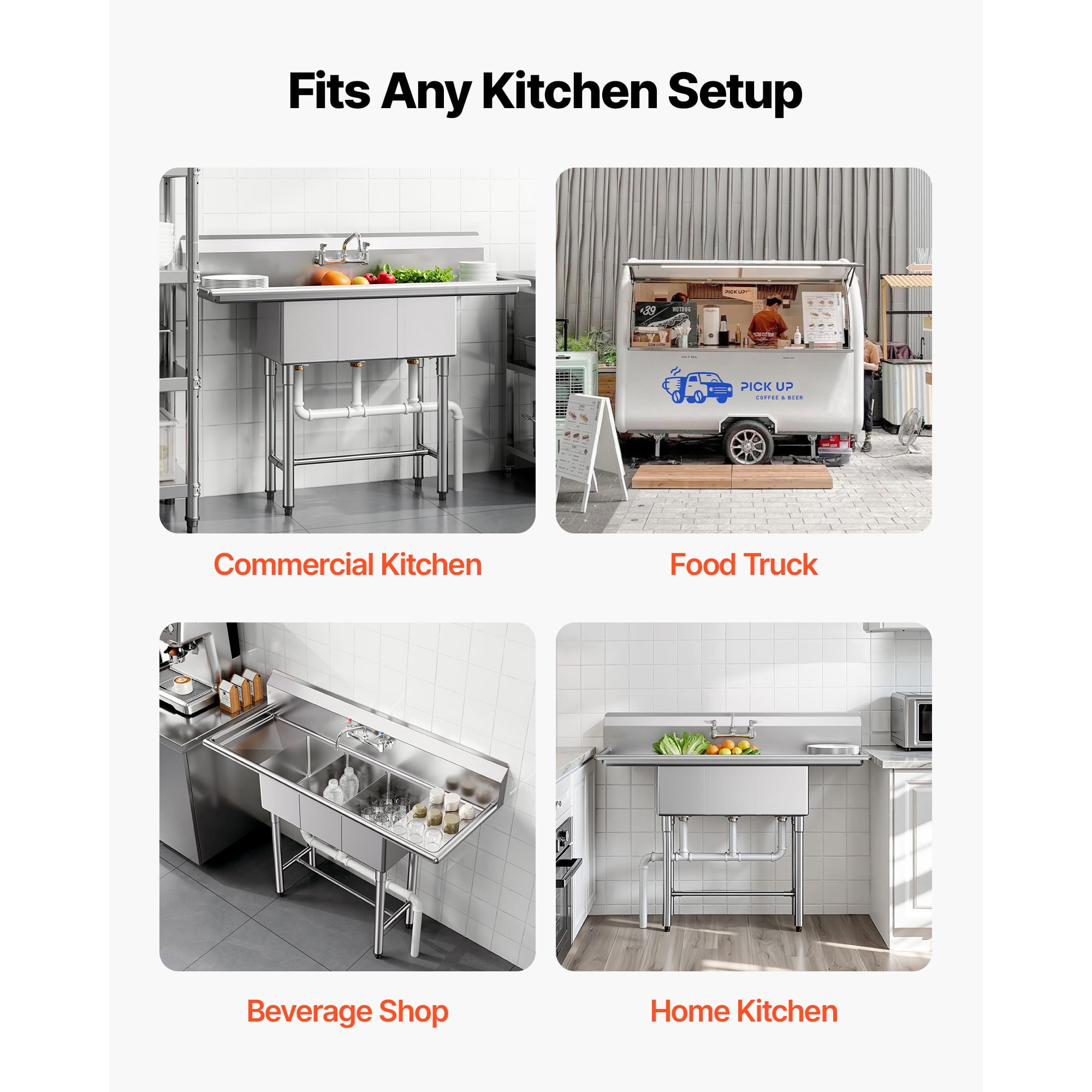 KFFKFF 3-Compartment Commercial Sink, 304 Stainless Steel, 18-Gauge, 10" x 14" x 10" Bowls, Dual Drainboards, 7" Backsplash, H-Frame, Black, (1 Unit)
