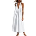 thumbnail image 3 of Yeaiivve Maxi Dresses for Women Linen Sleeveless V Neck Halter Dress Smocked Flowy Beach Long Dress Boho Vacation Dresses White,XL, 3 of 8