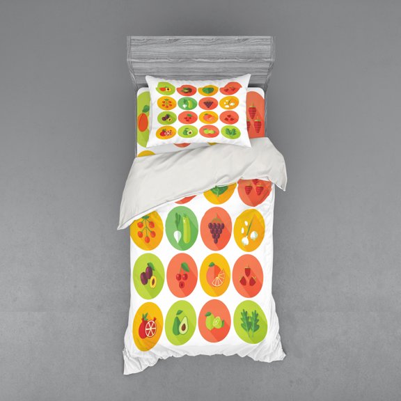 Fruit Duvet Cover Set, Food Cucumber Avocado Garlic Grape Kale Plum Tangerine Turnip and Strawberries, Bedding Set with Shams and Fitted Sheet, 3 Sizes, by Ambesonne