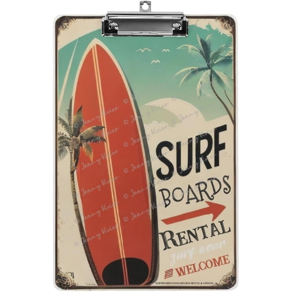 Surfboards Cute Clipboard Wooden Design Decorative A4 Letter Size Clip Boards for Classroom Office, Standard Size 8.7" x 12.6" with Low Profile Metal Clip,Summer Theme
