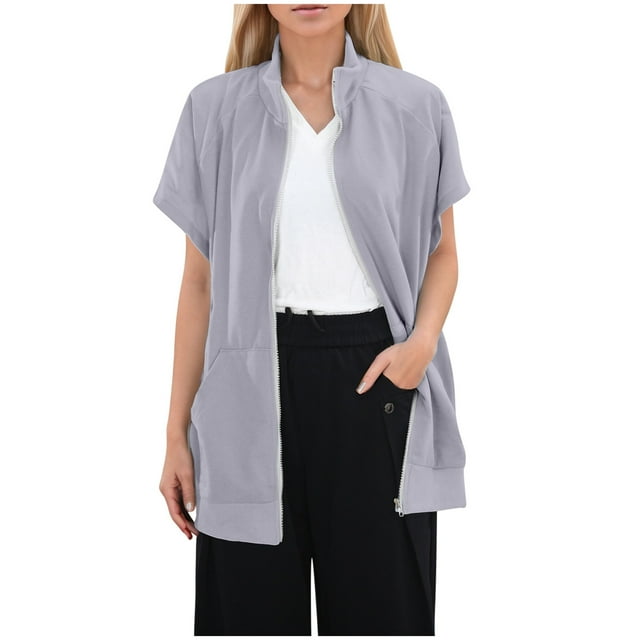 GPOECD Women's Lapel Zip Thread Pocket Sweatshirt Sleeveless Oversized Sweatshirt Grey,L