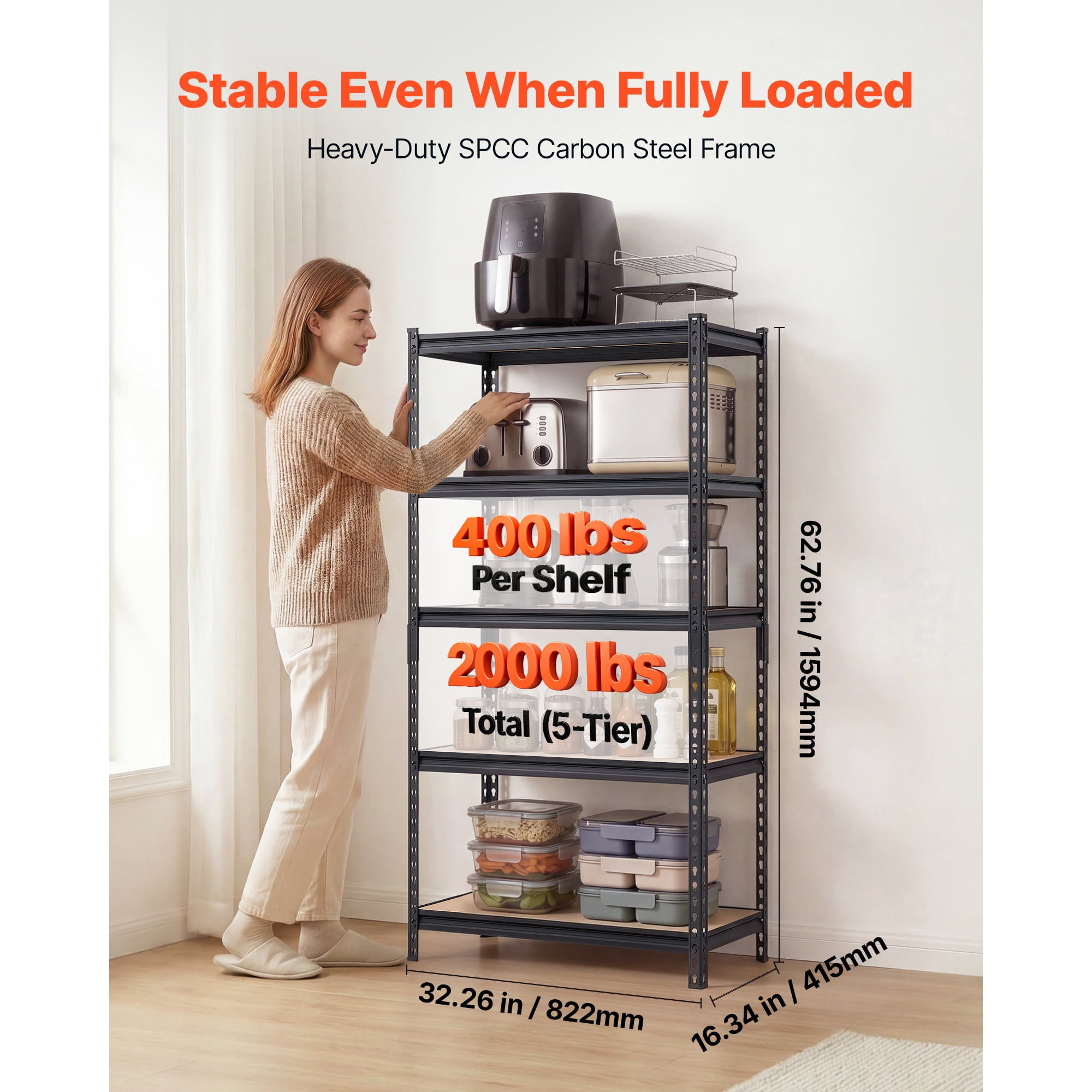 KFFKFF 5-Tier Adjustable Storage Shelves, 2000 lbs Capacity, Heavy-Duty Metal Rack for Garage, Kitchen, Pantry, Basement, or Bathroom, 32.36" W x 16.34" D x 62.76" H