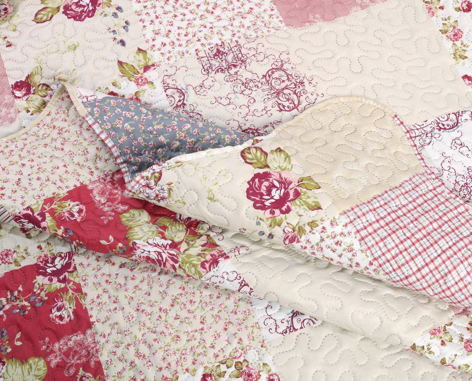 Marina Decoration Embossed Pinsonic Coverlet Bedspread Soft Bedding Summer Printed Quilt Set with Shams, Pink Purple Cream Floral Plaid Pattern