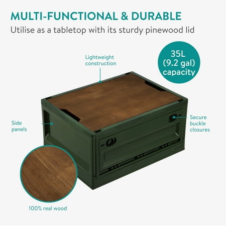 Navaris Camping Storage Box, Green, Set of 2 - 35L Foldable Bin with Pine Wood Lid - Collapsible Folding Crate - Easy to Disassemble Plastic Storage Crates - Stackable with Wheels
