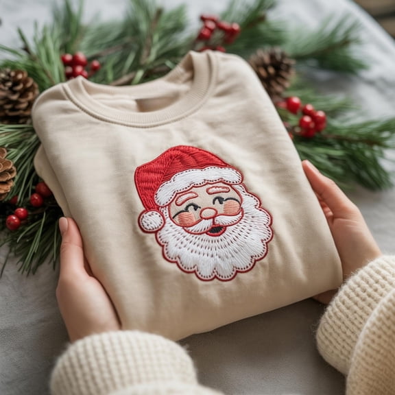 Vintage Santa Claus Embroidered Christmas Shirt, Retro Santa Face Holiday Tee, Cute St Nick Crewneck, Classic Christmas Embroidery Gift