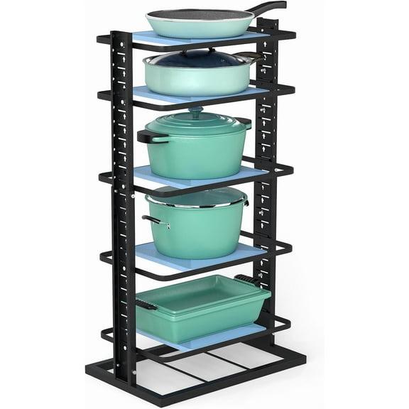 6-Tier Heavy-Duty Under-Cabinet Pots and Pans Organizer, Adjustable from 13.78 to 23.43 Inches, Holds 12 Qt Stock Pot