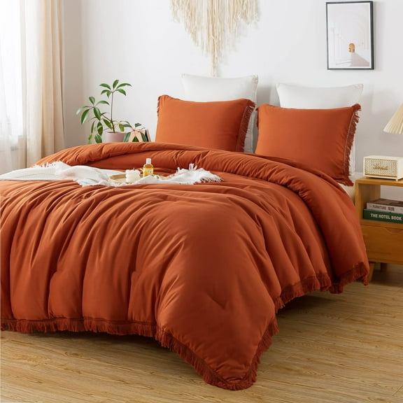 Lightweight comforter set full size boho, burnt orange 3 piece bedding, terracotta tassel fringe comforter for all season, farmhouse style, orange