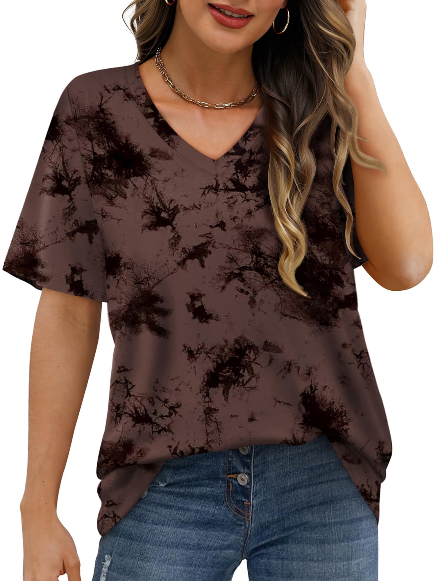 MOSHU Womens T-Shirts V Neck Short Sleeve Loose Tees Tops Casual Tie Dye Shirts for Women