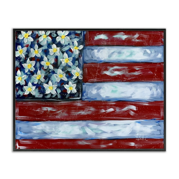 Stupell Industries Flower Stars & Stripes Flag Patriotic Painting Black Framed Art Print Wall Art, 14 x 11
