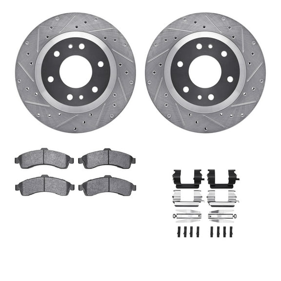 Dynamic Friction Company Front Brake Rotors-Drilled and Slotted-Silver with 5000 Advanced Brake Pads includes Hardware 7512-48046