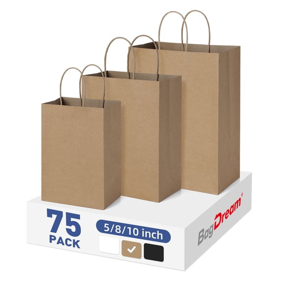 BagDream 75 Pack Brown Kraft Paper Bags with Handles 5x3x8, 8x4.25x10, 10x5x13 Assorted Sizes Paper Gift Bags for Shopping, Weeding, Birthday, Party Favor, Retail Merchandise Bags
