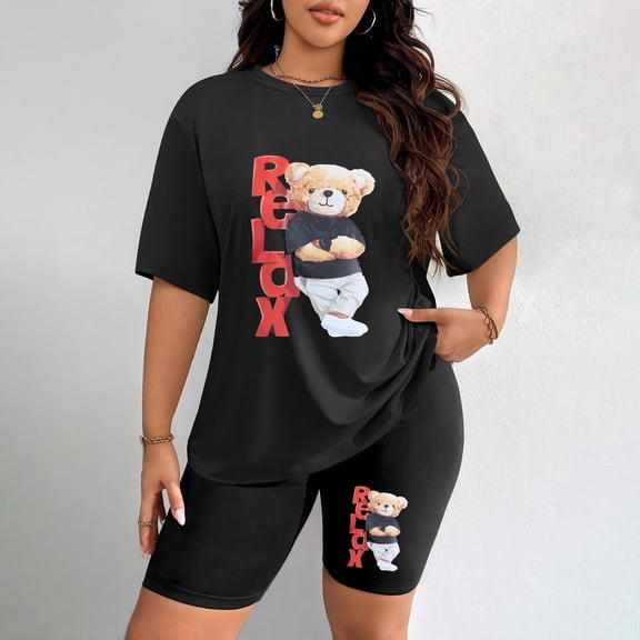 Women's Plus Size Relax Bear Print T-Shirt & Shorts Set
