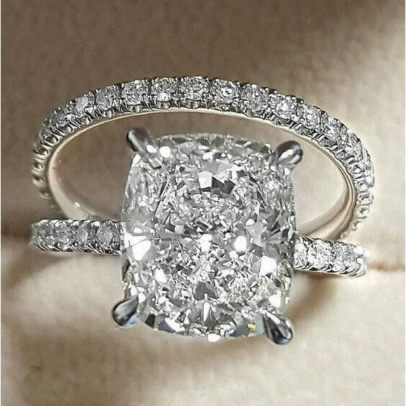 3Ct Cushion Cut Lab Created Diamond Valentine Gift Bridal Set Her Ring 14K White Gold Plated Silver