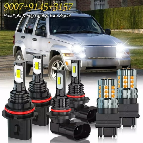 For Jeep Liberty 2002-2005 2006 2007 LED Headlight Dual Beam Turn Signal Lamp Fog Light Bulbs Kit 6x