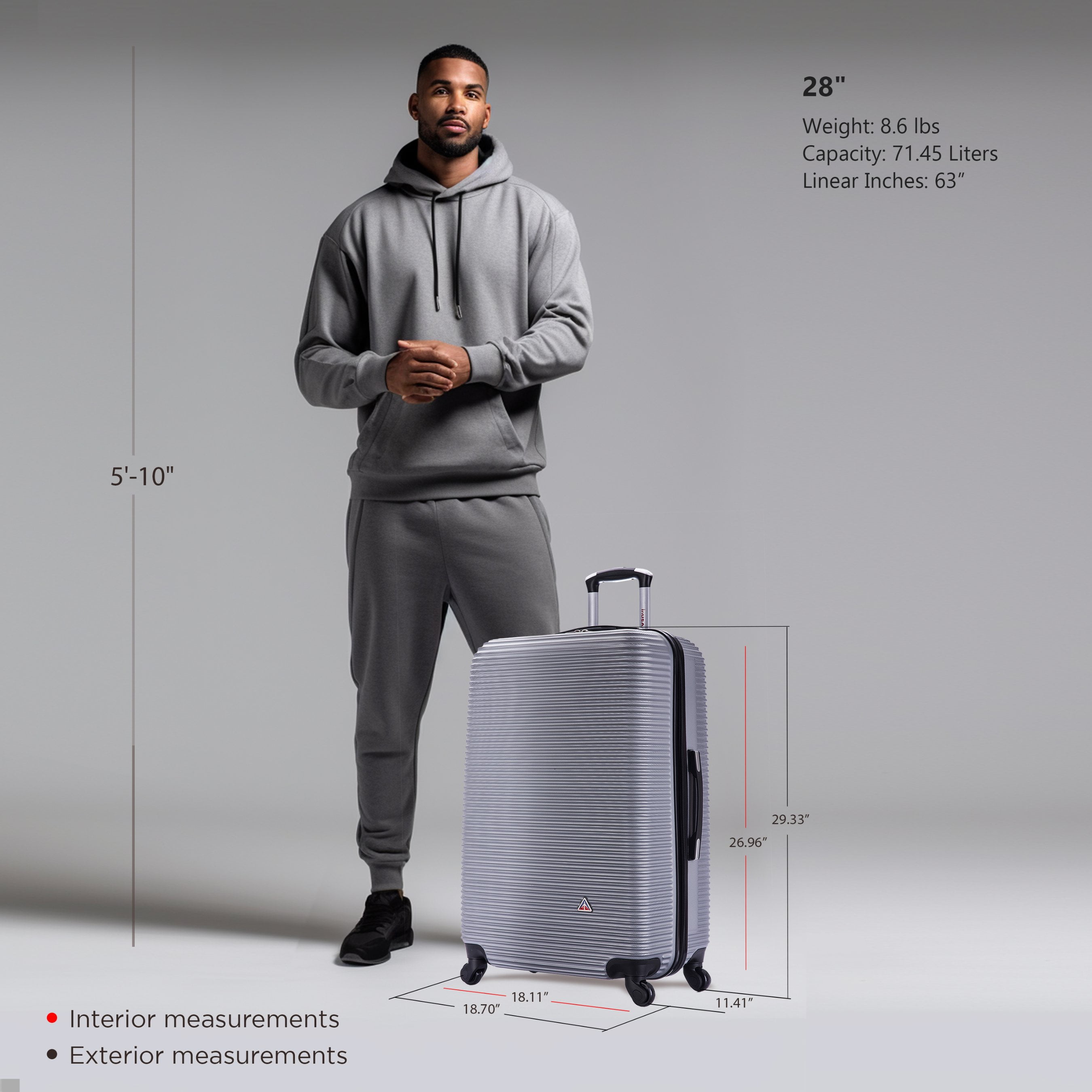 InUSA Royal 28" Hardside Lightweight Luggage with Spinner Wheels, Handle, and Trolley, Silver