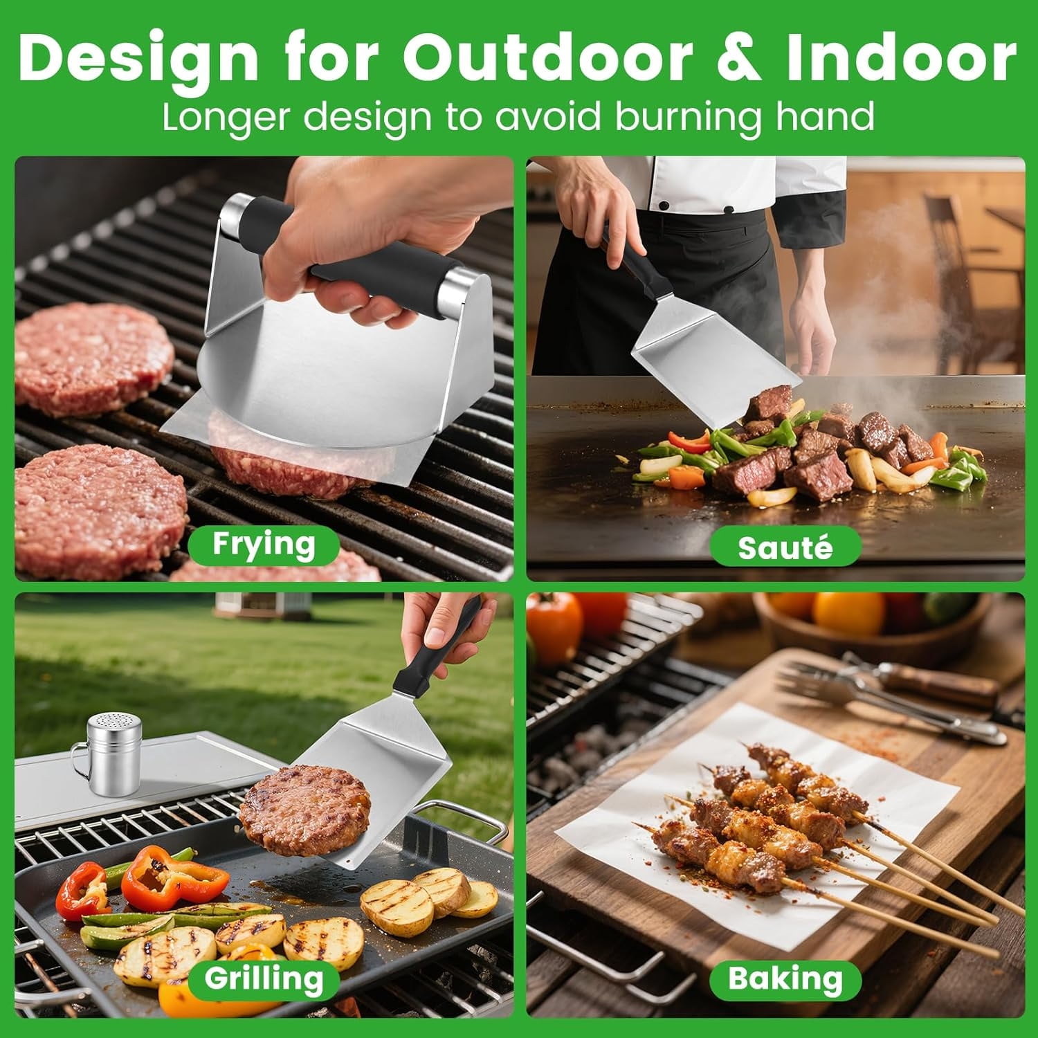 Smashed Burger Press Kit with Stainless Steel Press, Grill Spatula, Seasoning Shaker & Hamburger Patty Papers - Perfect for Blackstone Griddle, BBQs