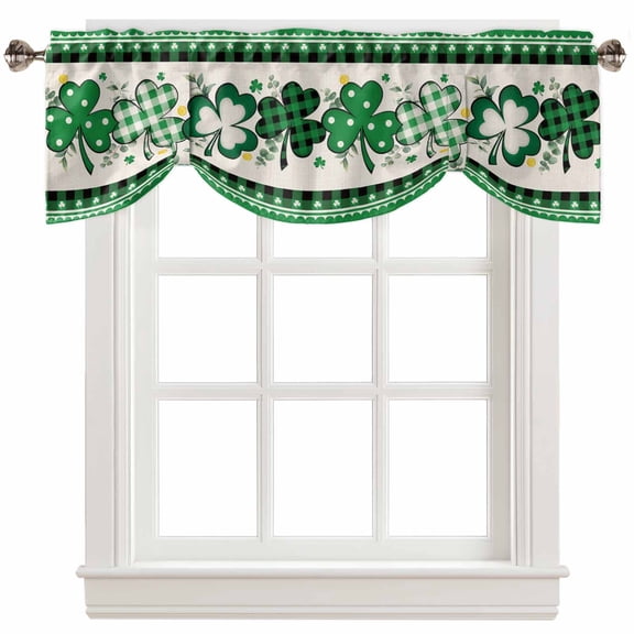 Fsddascl St. Patrick's Day Tie Up Valance Curtains for Windows, Kitchen Curtains Window Treatments, Green Black Plaid Lucky Short Window Shades Valances for Bedroom Bathroom Cafe 42"x18"