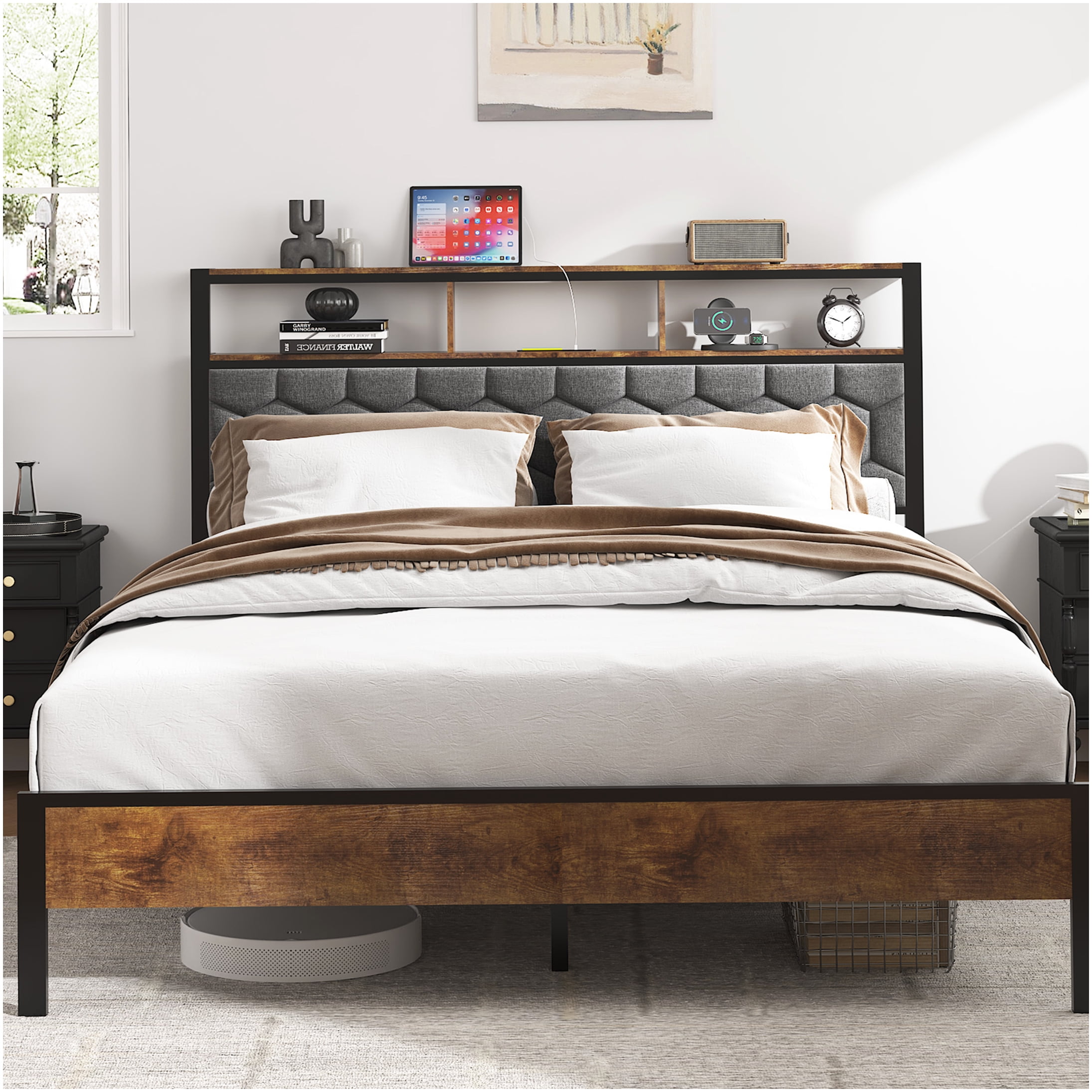 Queen Upholstered Storage Bed Frame with USB Charging, Vintage Brown Platform Bed, Noise Free, No Box Spring Needed