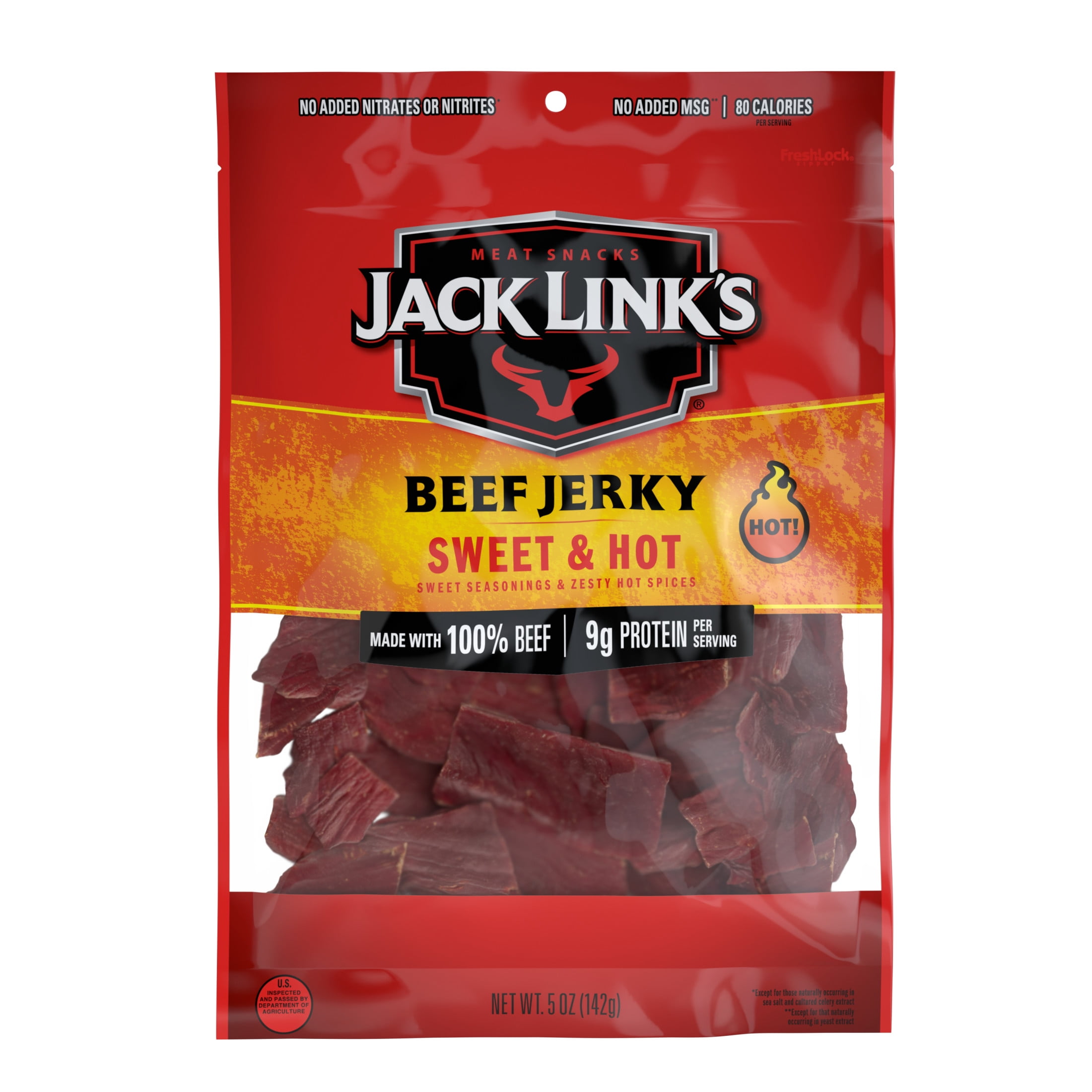 (2 pack) Jack Link’s Beef Jerky, Sweet & Hot, Made with 100% Beef, 9g of Protein per Serving, 5 oz, Resealable Bag