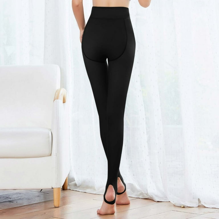 Lovskoo Fleece Lined Tights for Women Fake Translucent High Waist Stirrup  Stockings Solid Warm Pantyhose Stretch Warm Leggings Black