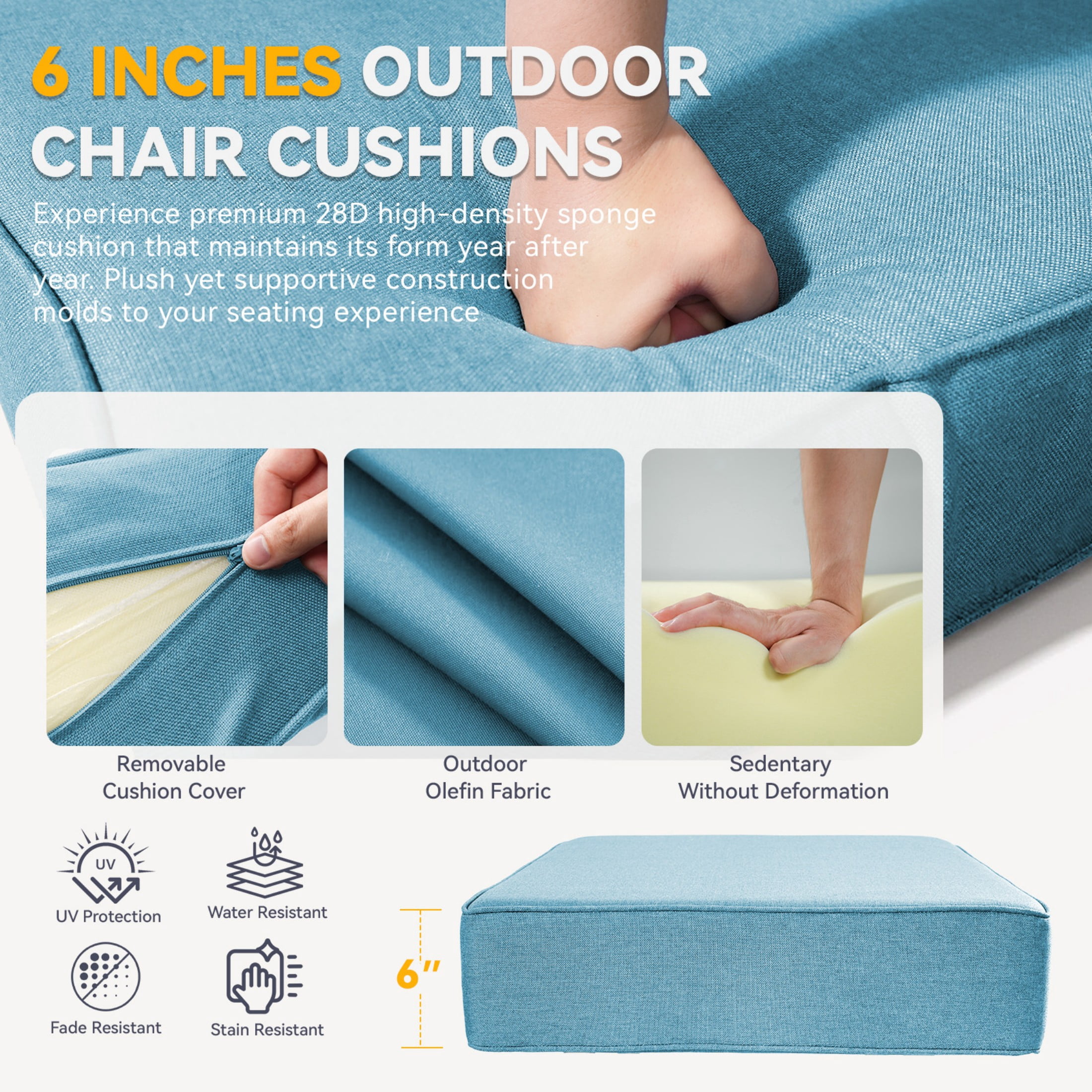 Unnifurnzi Outdoor Chair Cushions-24 x 24 x 6 Inch Patio Furniture Cushions with Water Resistant & Removable Cover Patio Cushions for Outdoor Furniture Chair Sofa Couch-Light Blue