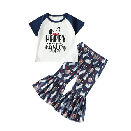 

MPWEGNP Toddler Girls Easter Short Sleeve Cartoon Rabbit Printed T Shirt Pullover Tops Bell Bottoms Pants Kids Outfits Toddler Girl Clothes Jogging Pants Juniors Girls