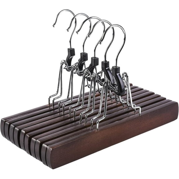 Amber Home 10 Pack Walnut Wooden Pants Hangers, Wood Clamp Hangers with Non Slip Padded Velvet, Jeans/Slacks Hangers Hair Extension Hangers for Skirts, Trousers, Wigs (Walnut, 10)