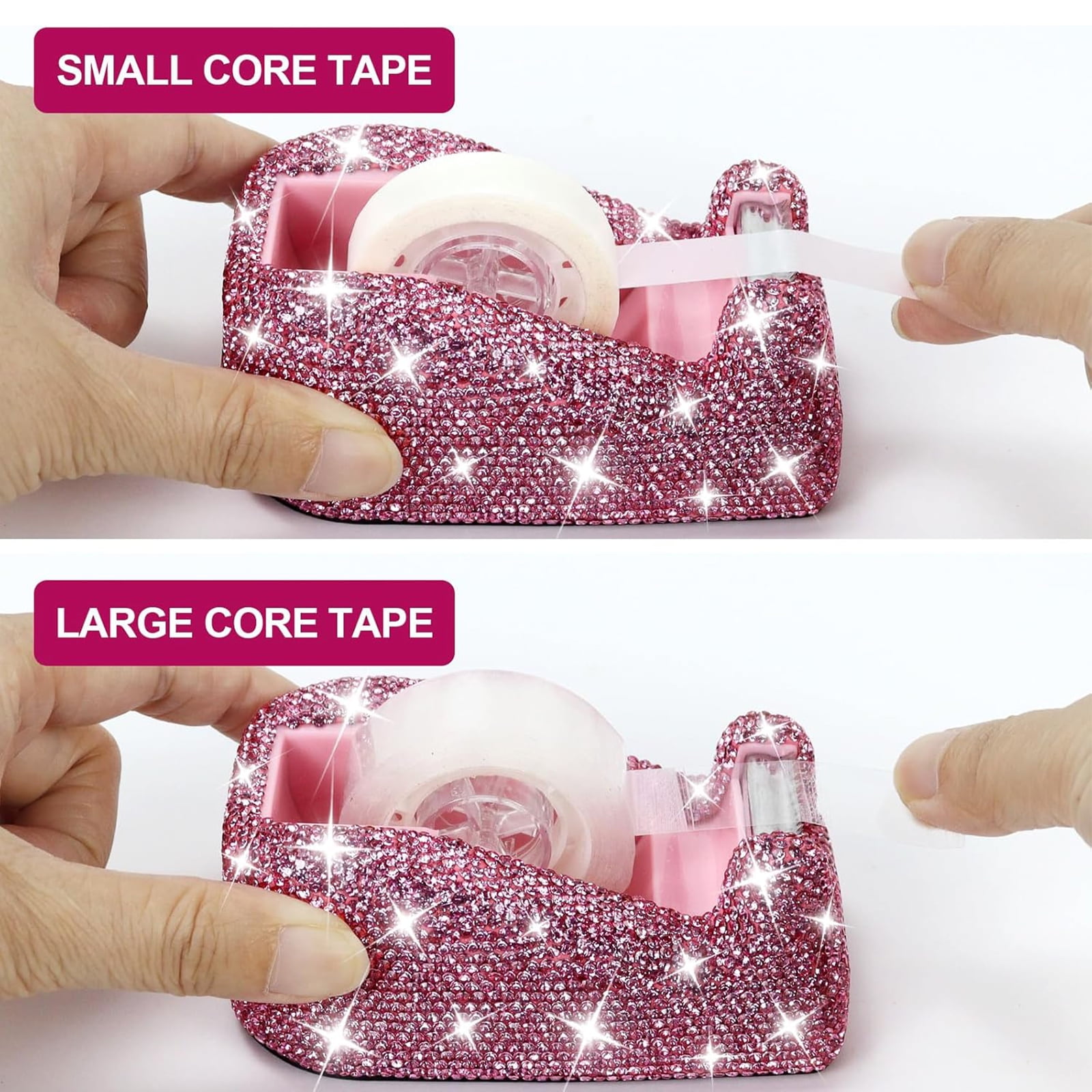 Multibey Bling Crystal Tape Dispenser, Sparkly Desktop Adhesive Tape Dispenser Cutter with Tape for Desk, Pink Glitter Tape Holder Cutter Rhinestone for Women Office Gift