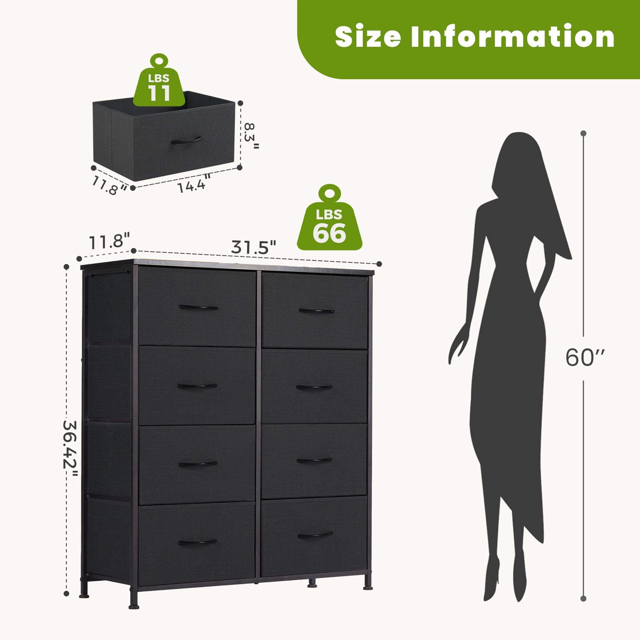 CONCETTA 8-Drawer Fabric Dresser, Storage Organizer Cabinet for Living Room, Bedroom, Office, Black