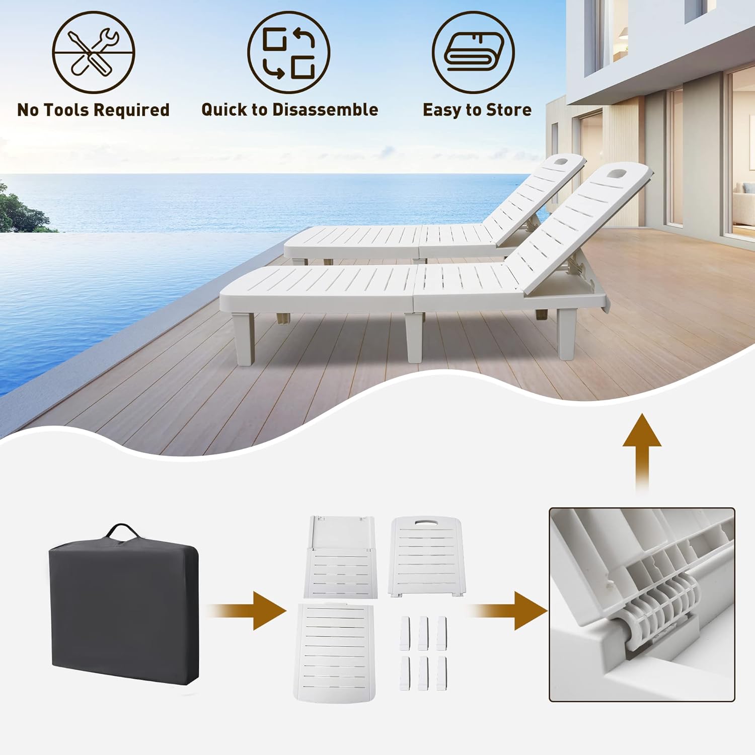 White Patio Lounge Chairs, Outdoor Chaise Lounge with Tray, Adjustable Backrest, Easy Assembly Waterproof Plastic Pool Chaise Lounge, Lightweight for Poolside, Beach, Patio,Yard