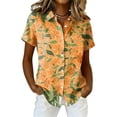 thumbnail image 2 of Minjewel Women's Hawaiian Print Button Down Short Sleeve Shirt with Pocket Casual Summer Beach Vacation Tropical Tops,Orange,2XL, 2 of 6