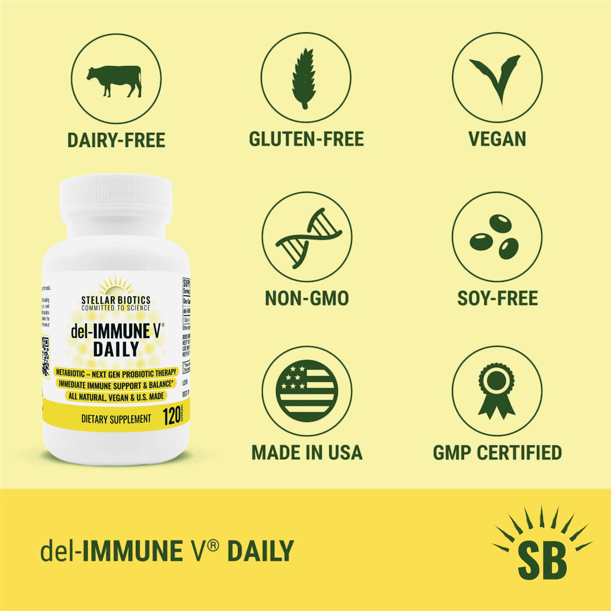 Stellar Biotics - del-IMMUNE V® DAILY 25mg - All-Natural Advanced Immune Support - Immediate High Potency Immune System Care - Metabiotic Treatment, Next-Gen Probiotic Therapy (120 Capsules)