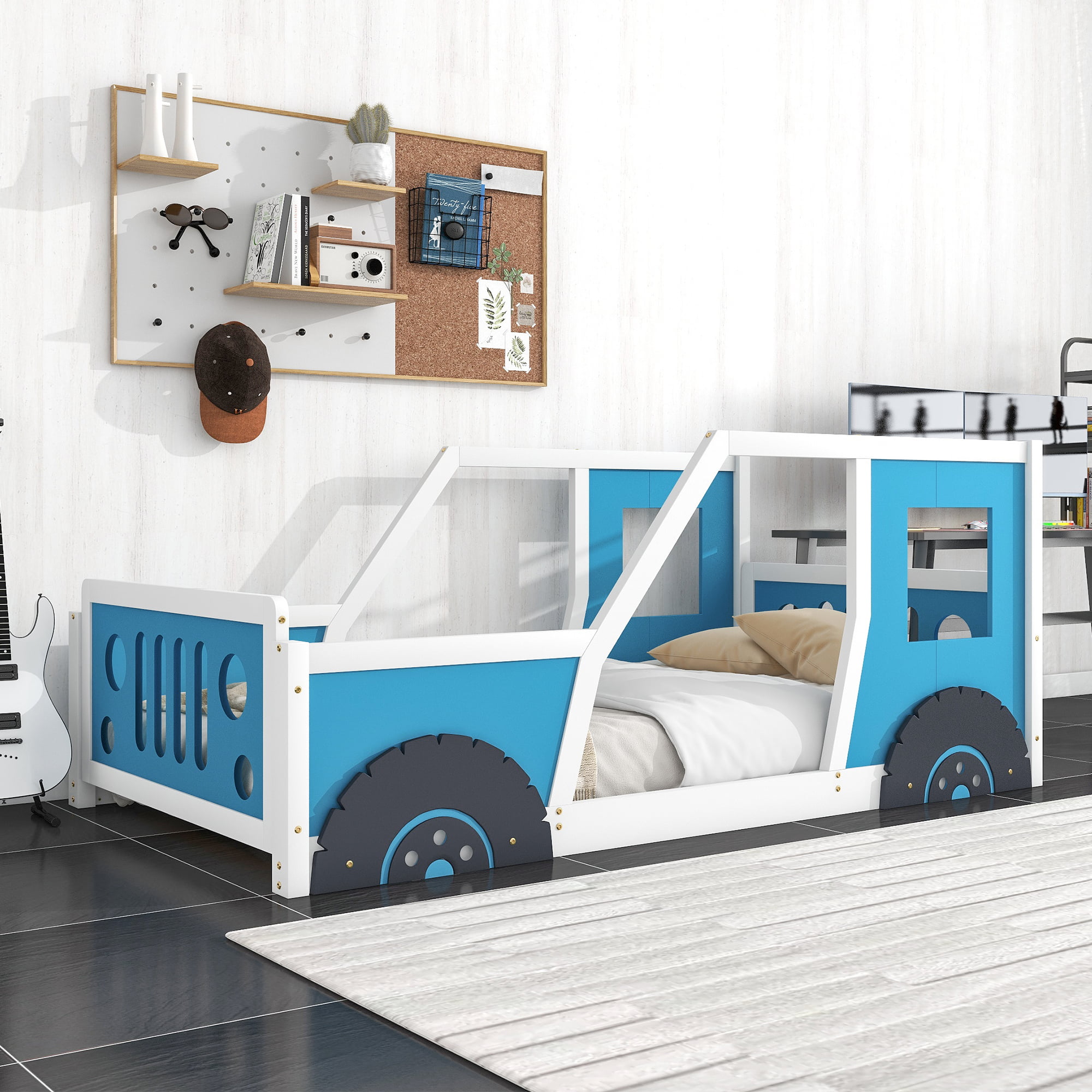 Car-Shaped Twin Size Wood Platform Bed for Kids’ Bedroom, Blue ...